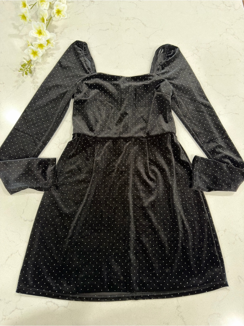 miami Black Velvet Long Sleeve Mini Dress with Silver Dot Detail - Picture 4 of 7